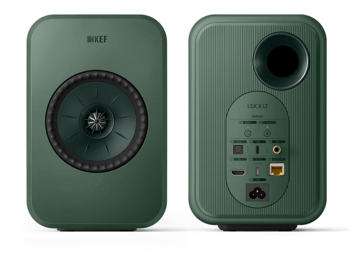 KEF-LSX11-LT-Wireless-Bookshelf-Speakers-Sage-Green-pair-Vinyl-Revial. Pair, front and back