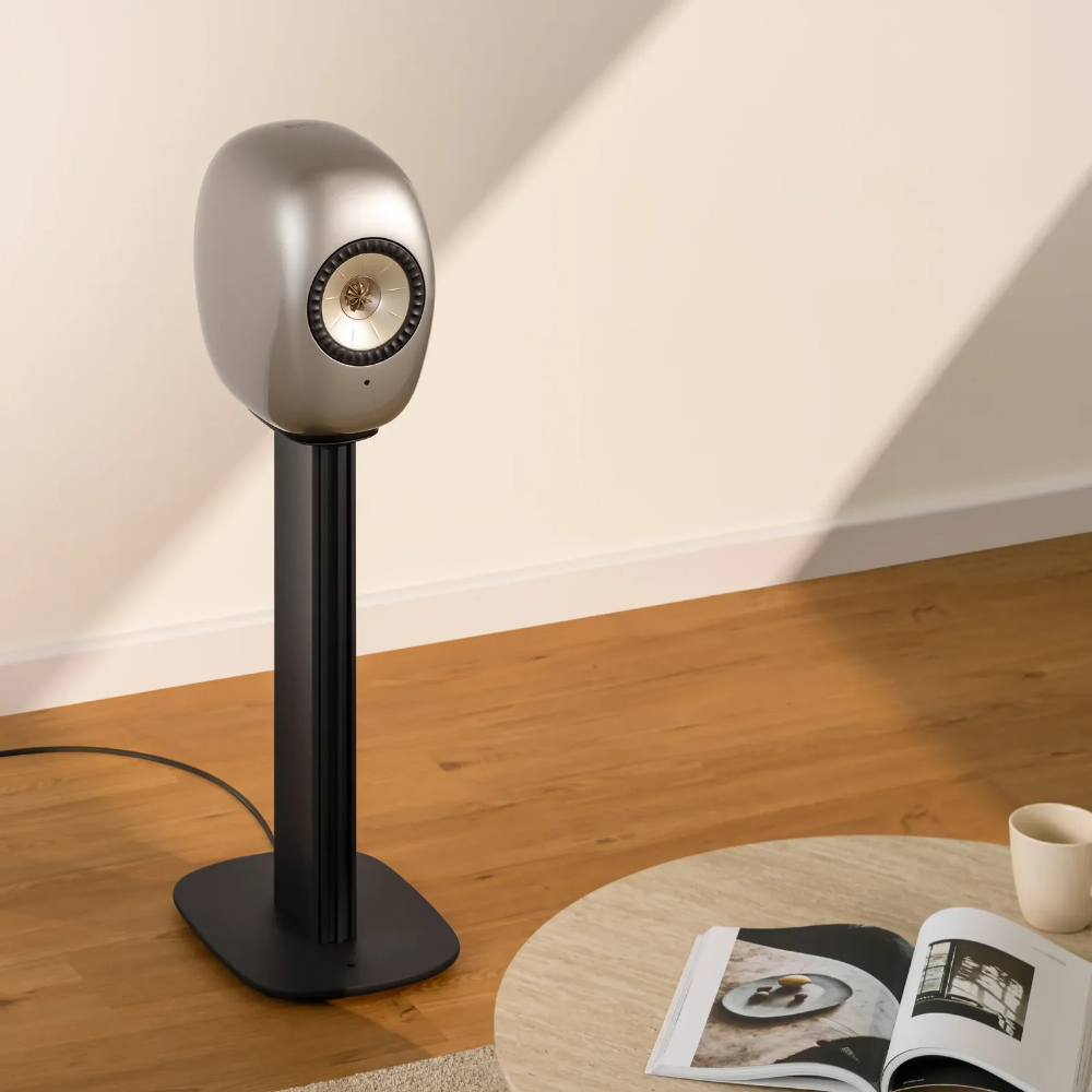 KEF S-Luxe Floor Stand with Dusk Titanium KEF LS Luxe Bookshelf Speaker, mounted and in room set up