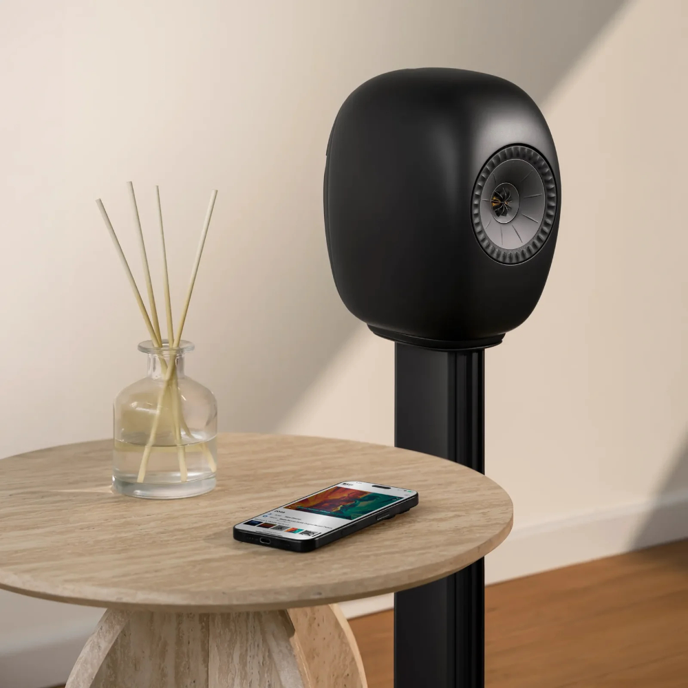 KEF S-Luxe Floor Stand with Eclipse Black KEF LS Luxe Bookshelf Speaker, mounted, closeup