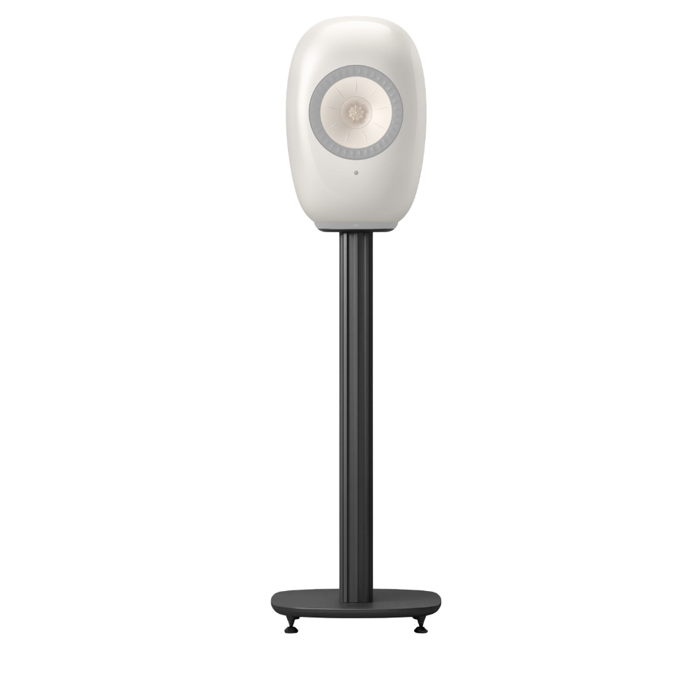 KEF S-Luxe Floor Stand with Mineral White KEF LS Luxe Bookshelf Speaker, mounted.  Front view