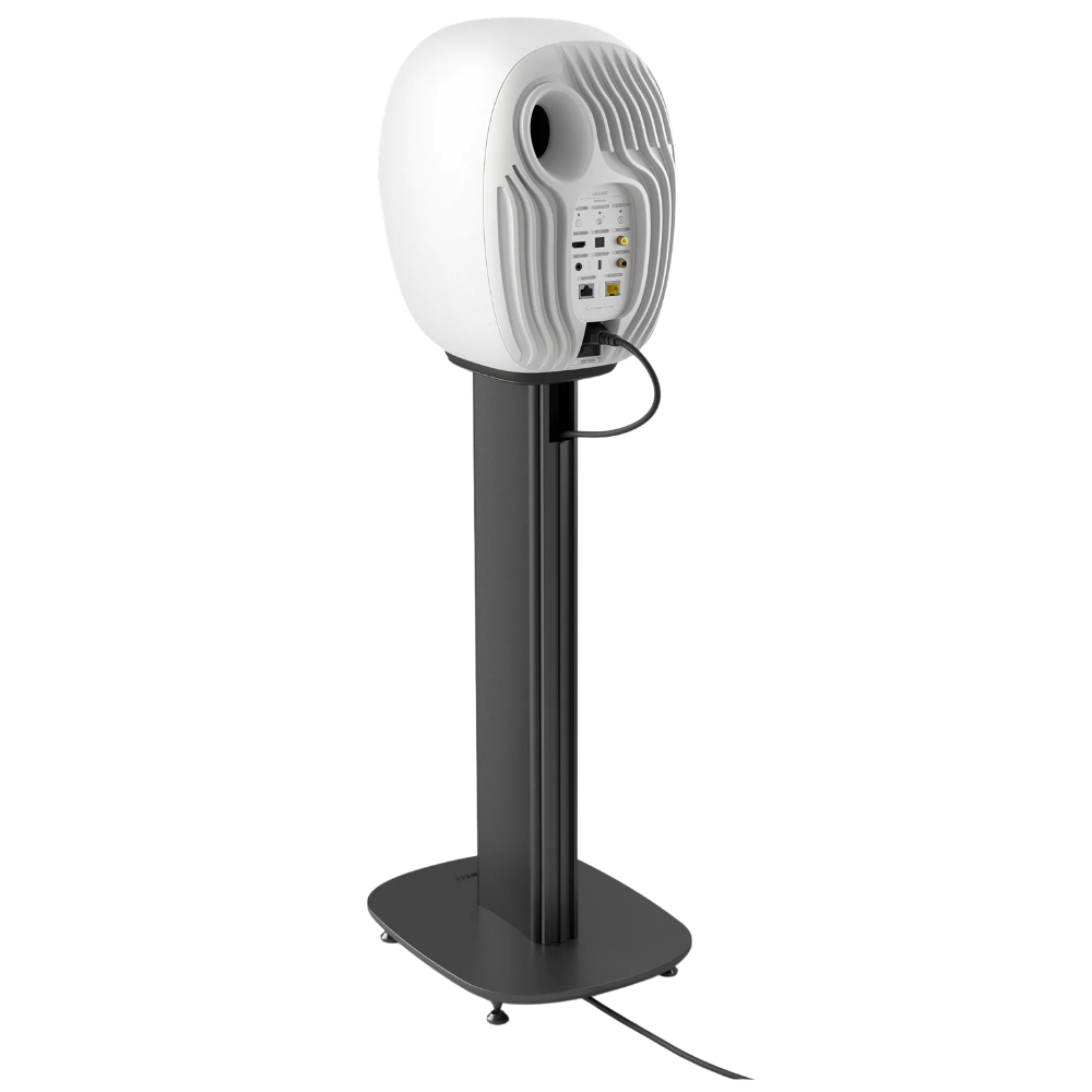KEF S-Luxe Floor Stand with Mineral White KEF LS Luxe Bookshelf Speaker, rear view showing cable management