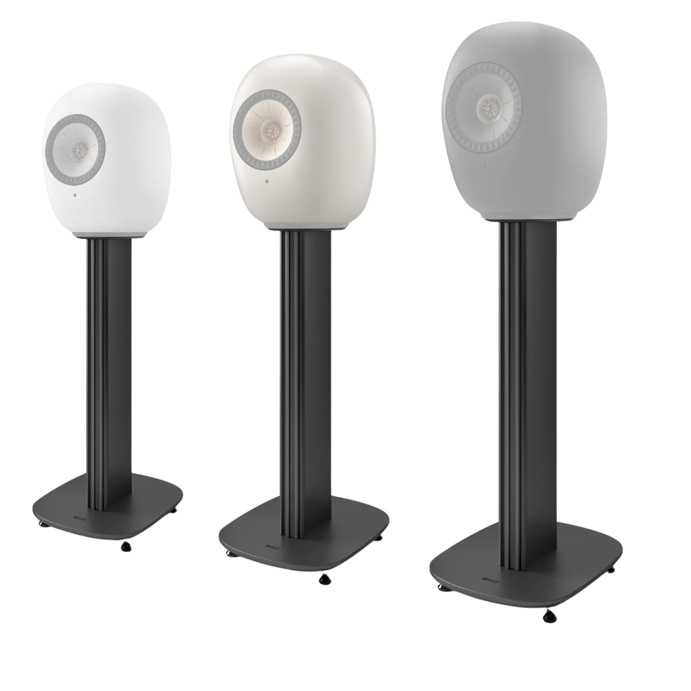 KEF S-Luxe Floor Stands with range of LS Luxe Speaker colours, Mineral White, Dusk Titanium and Eclipse Black
