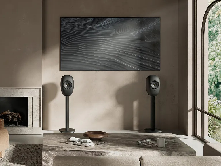 KEF S-Luxe Floor Stands with Eclipse Black KEF LS Luxe Bookshelf Speakers, mounted and in room set up