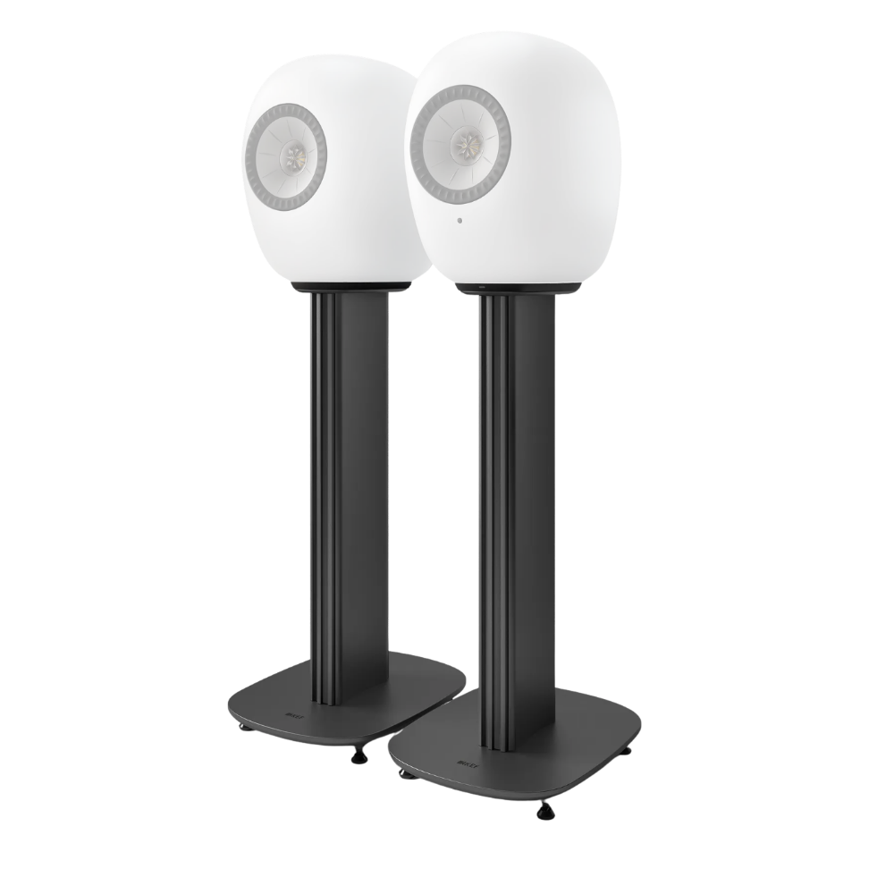 KEF S-Luxe Floor Stands with Mineral White KEF LS Luxe Bookshelf Speakers mounted