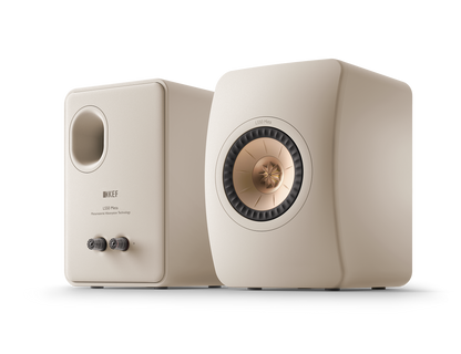 KEF LS50 Meta Passive Speakers in Sand Shell pair, front and back view