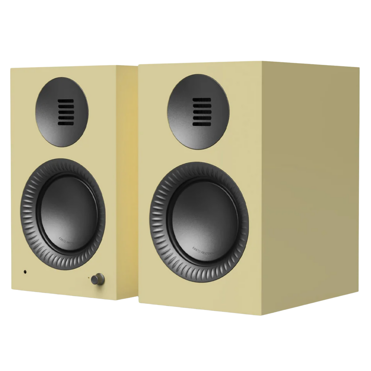 Kanto Audio TUK 2nd Generation 260W Active Speakers in Gloss Butter with Gunmetal, angled