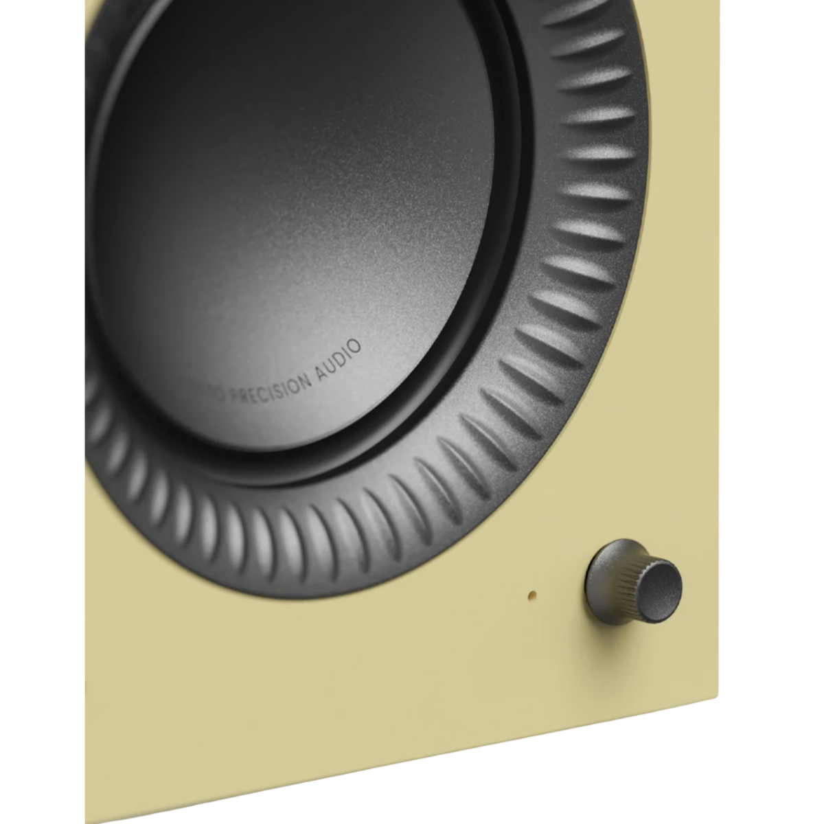 Kanto Audio TUK 2nd Generation 260W Active Speakers in Gloss Butter with Gunmetal, front, driver closeup