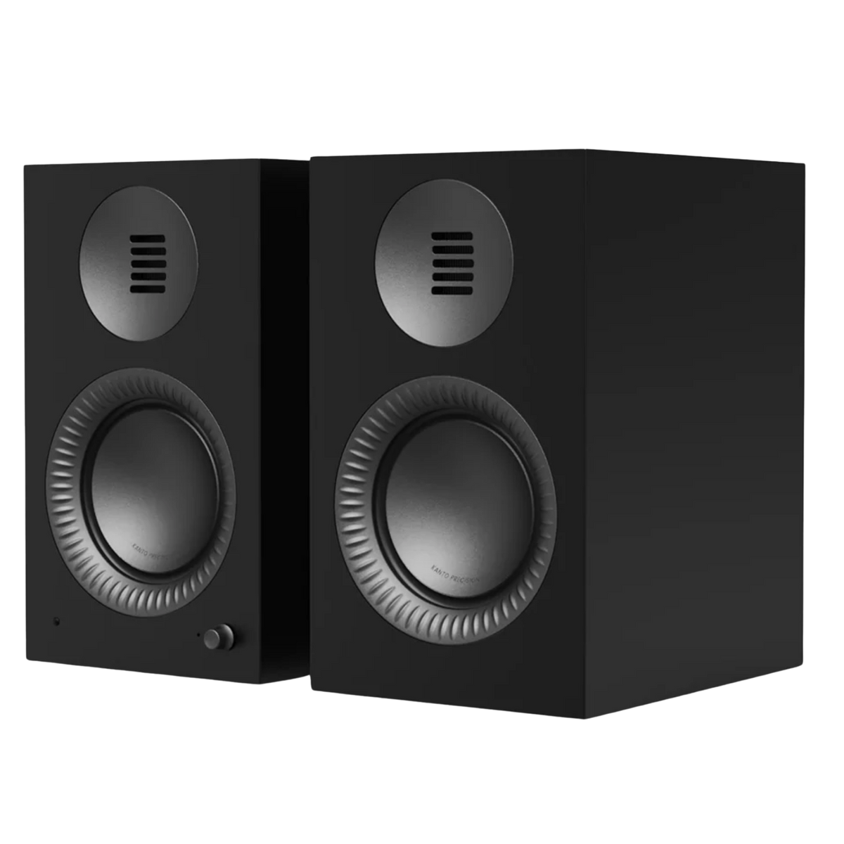 Kanto Audio TUK 2nd Generation 260W Active Speakers in Matte Black with Gunmetal, angled