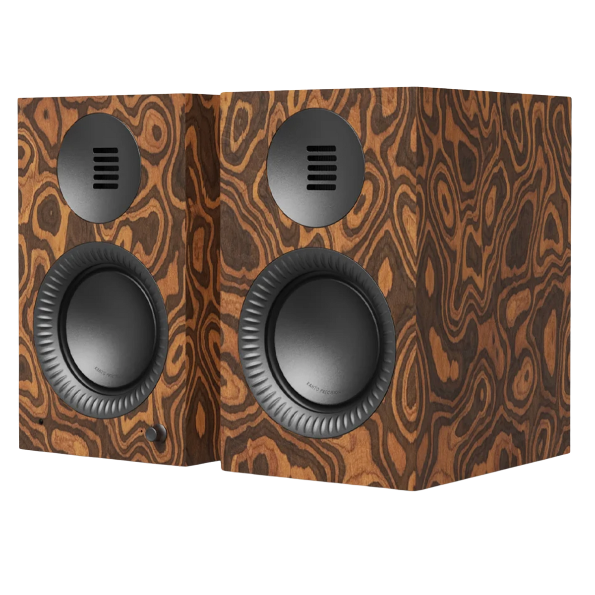 Kanto Audio TUK 2nd Generation 260W Active Speakers in Burl with Gunmetal, angled
