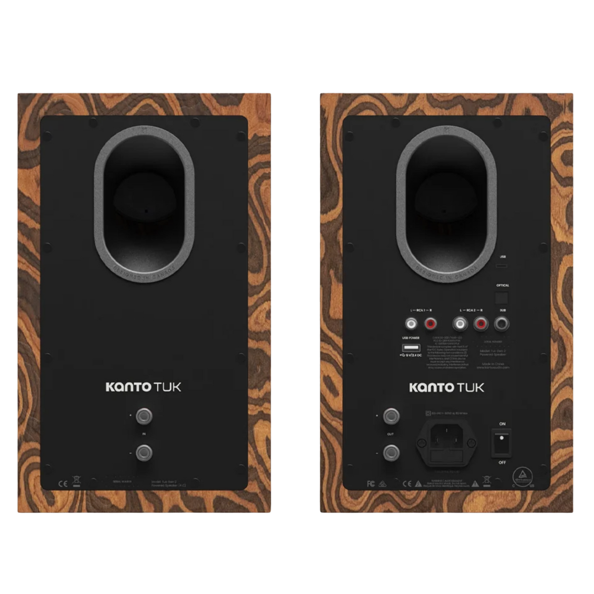Kanto Audio TUK 2nd Generation 260W Active Speakers in Burl with Gunmetal, back
