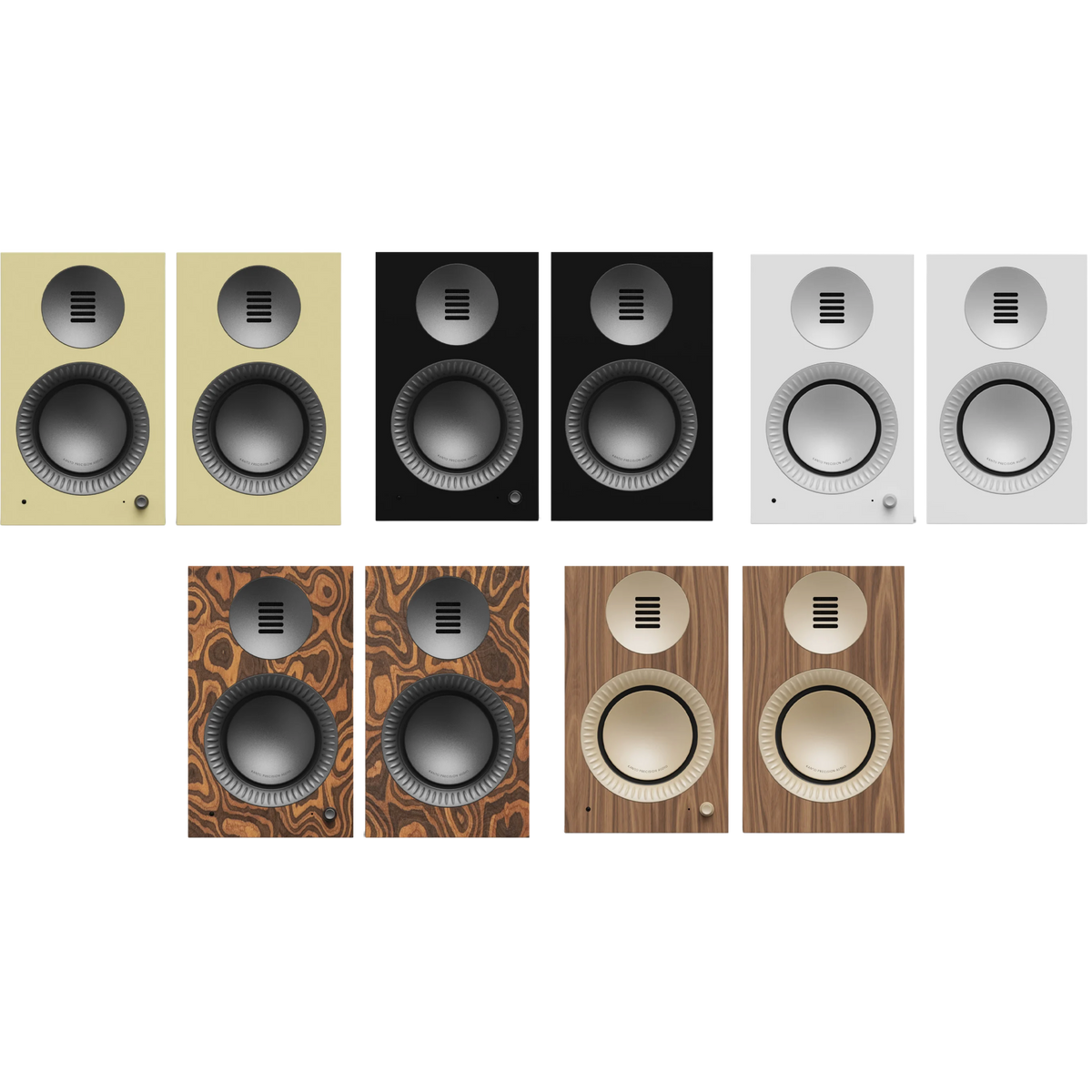 Kanto Audio TUK 2nd Generation 260W Active Speakers Range of finishes, front left to right: Gloss Butter with Gunmetal, Mastte Black with Gunmetal, Matte White with Aluminium, Burl with Gunmetal and Matte Walnut with Rose Gold