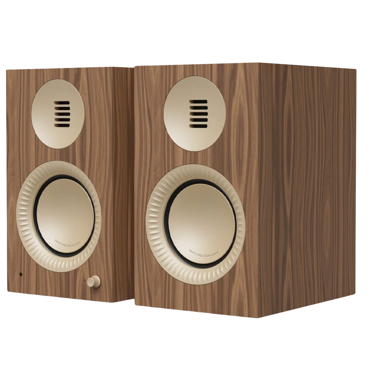 Kanto Audio TUK 2nd Generation 260W Active Speakers in Matte Walnut with Rose Gold, angled