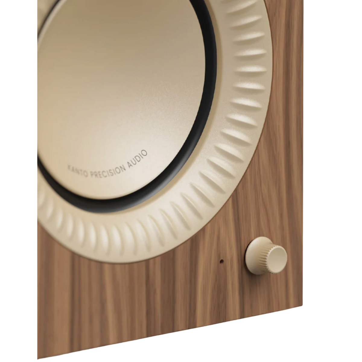 Kanto Audio TUK 2nd Generation 260W Active Speakers in Matte Black with Gunmetal, closeup of driver and control