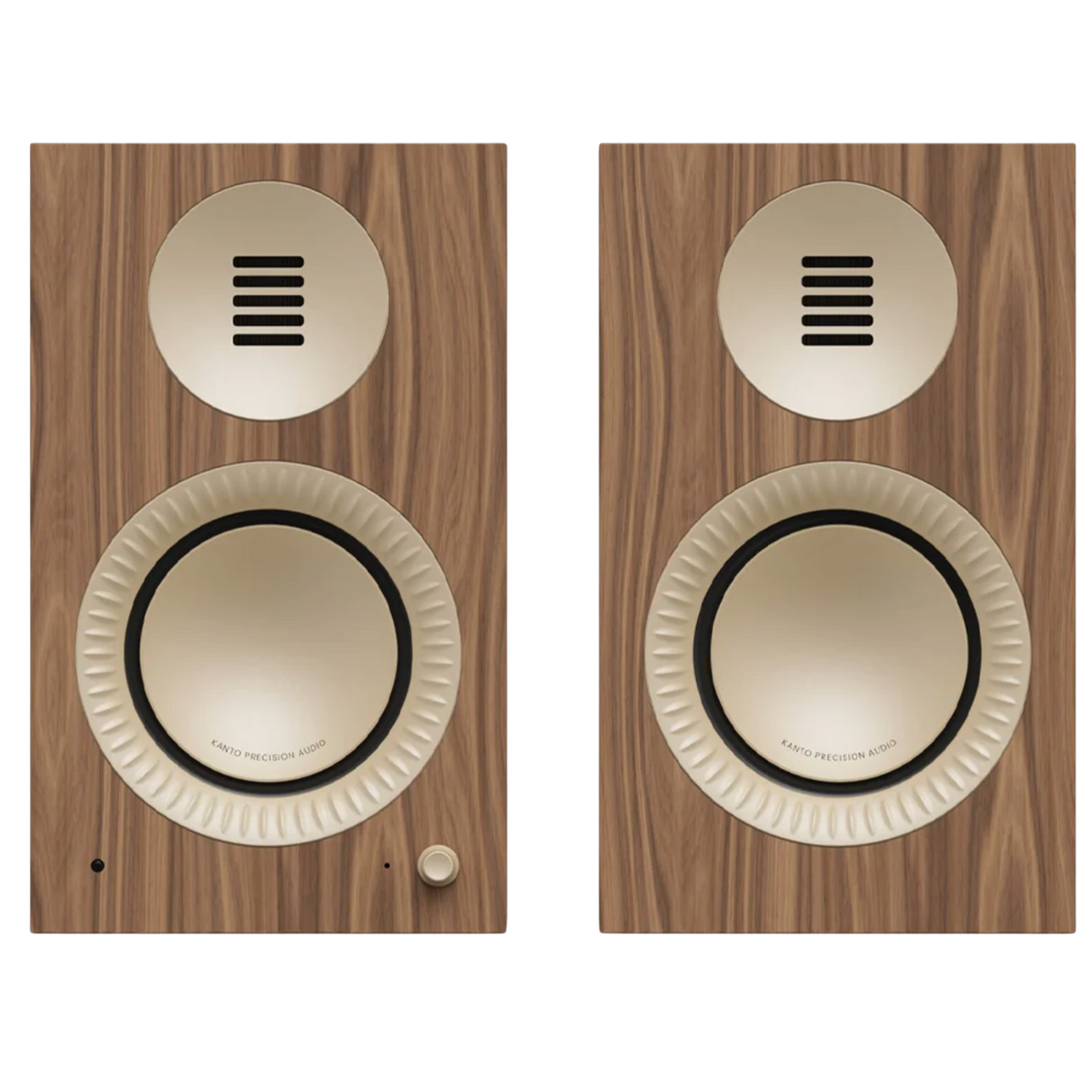 Kanto Audio TUK 2nd Generation 260W Active Speakers in Matte Walnut with Rose Gold, front