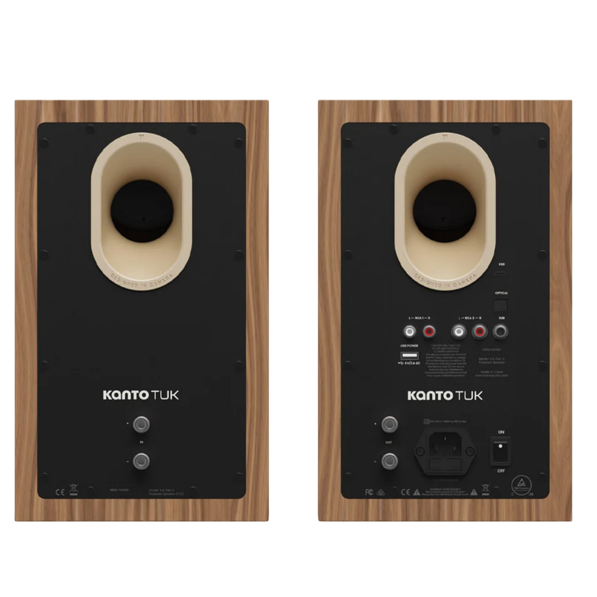 Kanto Audio TUK 2nd Generation 260W Active Speakers in Matte Walnut with Rose Gold, back 
