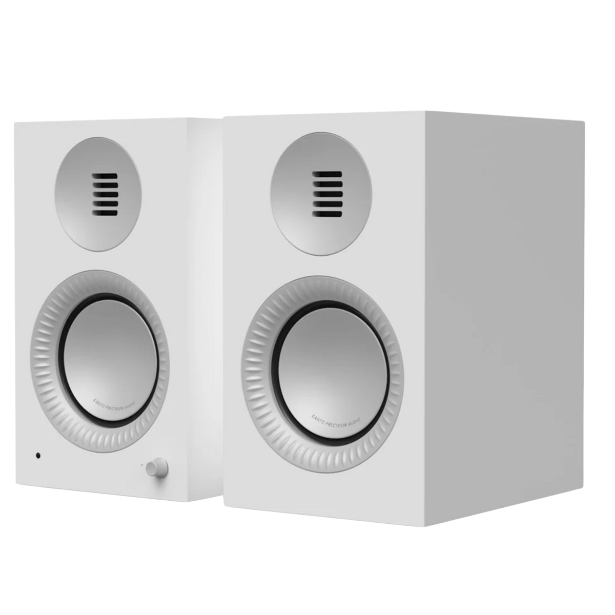 Kanto Audio TUK 2nd Generation 260W Active Speakers in Matte White with Aluminium, angled 