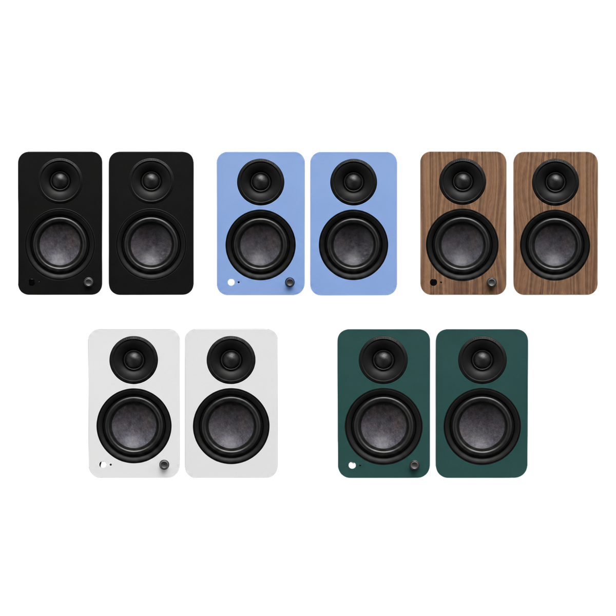 Kanto Audio YU4 2nd Generation 160W Active Speakers range of Matte Finishes, left to right: Black, Ice Blue, Walnut, White and Green