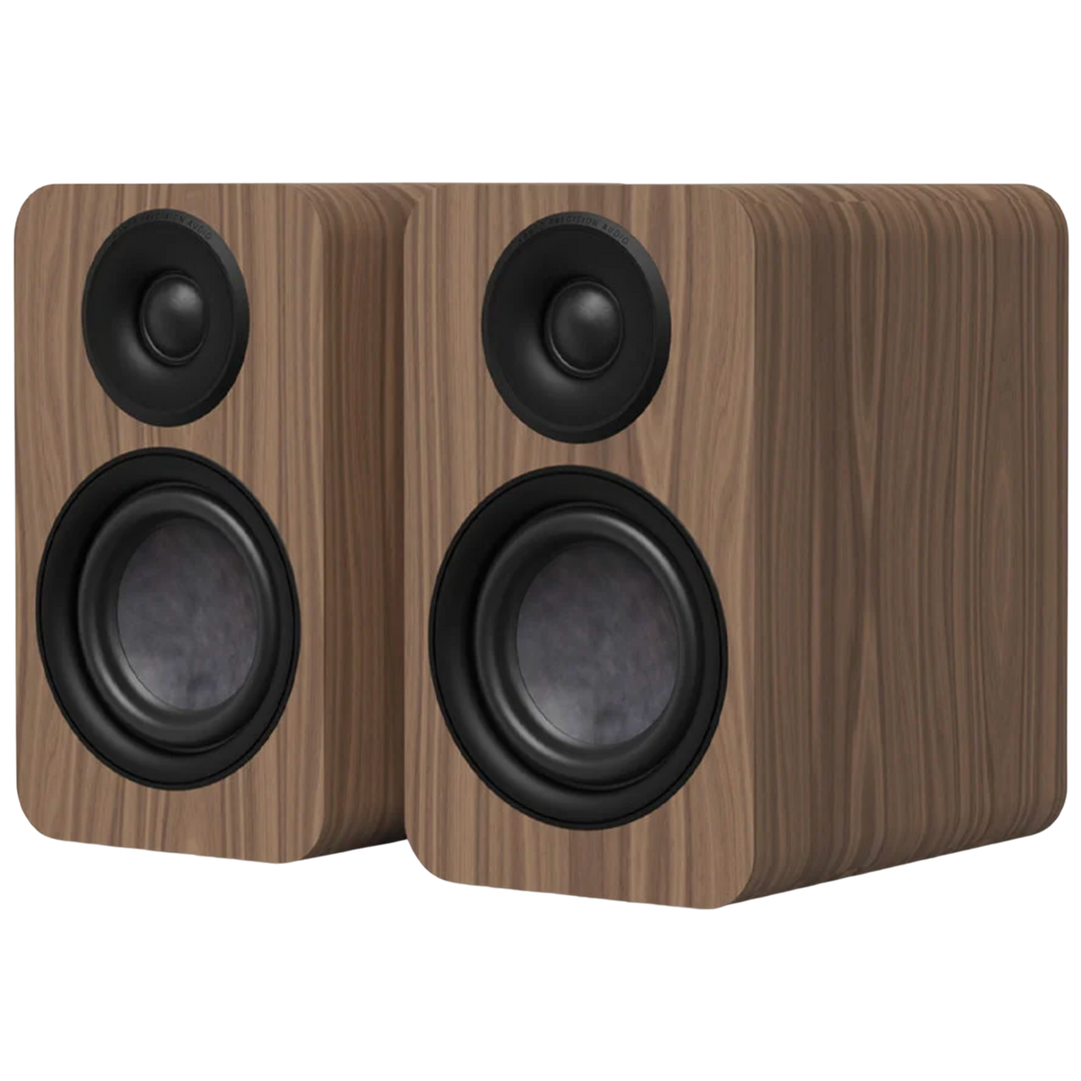 Kanto Audio YU4 2nd Generation 160W Active Speakers in Matte Walnut, angled