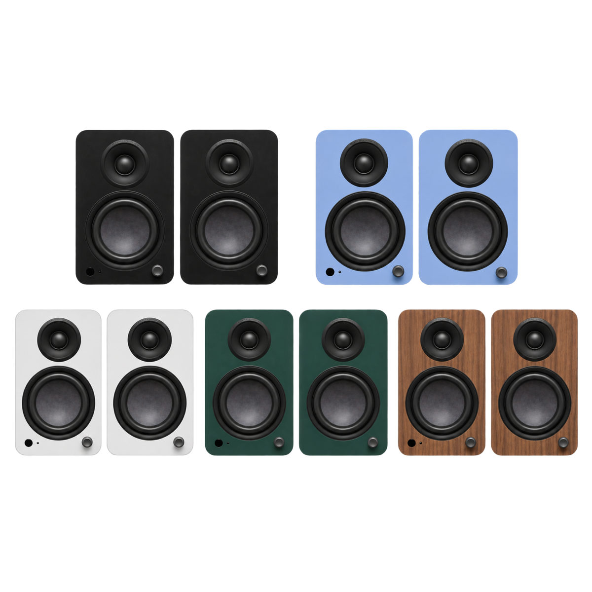 Kanto Audio YU6 2nd Generation 200W Active Speakers range of matte finishes, from left to right: Black, Ice Blue, White, Green and Walnut
