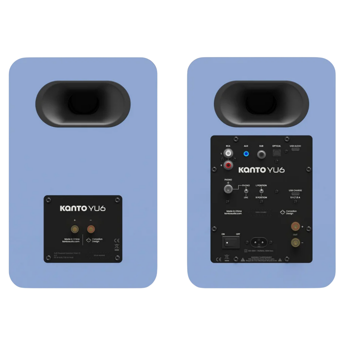 Kanto Audio YU6 2nd Generation 200W Active Speakers in Ice Blue, back of both speakers