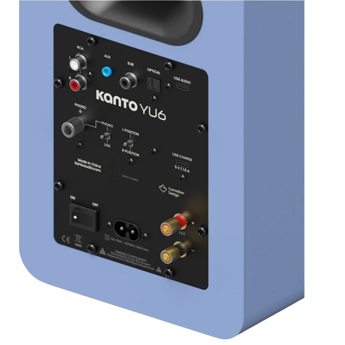 Kanto Audio YU6 2nd Generation 200W Active Speakers in Ice Blue, back of powered speaker