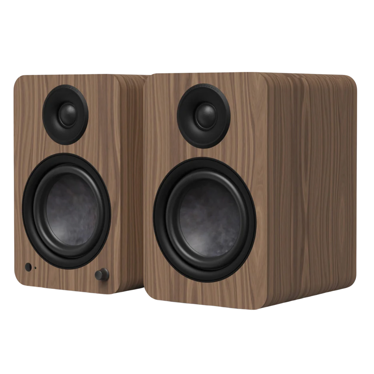 Kanto Audio YU6 2nd Generation 200W Active Speakers in Walnut, angled view