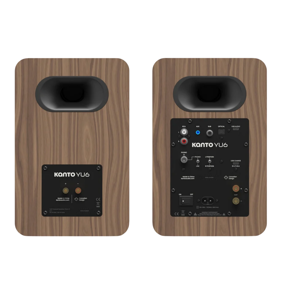 Kanto Audio YU6 2nd Generation 200W Active Speakers in Walnut, back of speakers