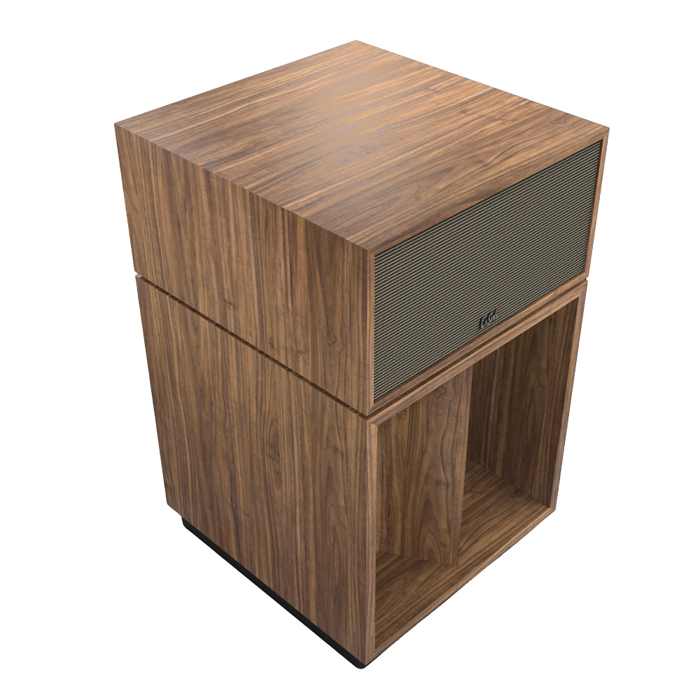 Klipsch La Scala AL6 Floorstanding Speakers in American Walnut.  Individual Speaker angled with grille