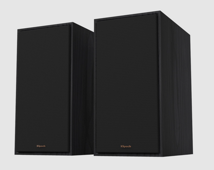 Klipsch R-60M Bookshelf Speakers in Ebony sold as a pair.  Image shown with grille and angled
