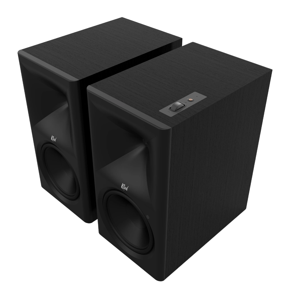 Klipsch The Nines II Powered Speakers in Ebony, angled without grilles