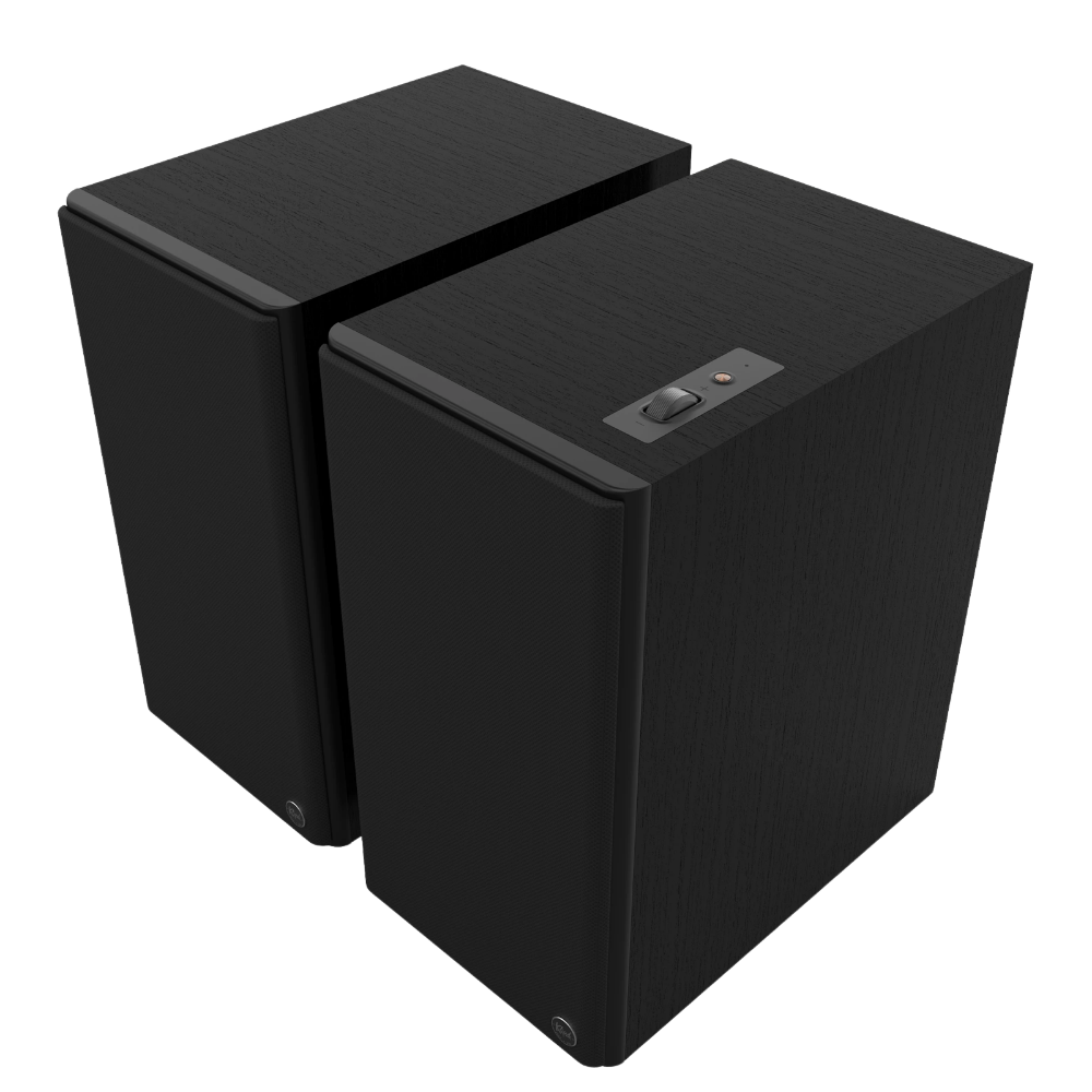 Klipsch The Nines II Powered Speakers in Ebony, angled with grilles