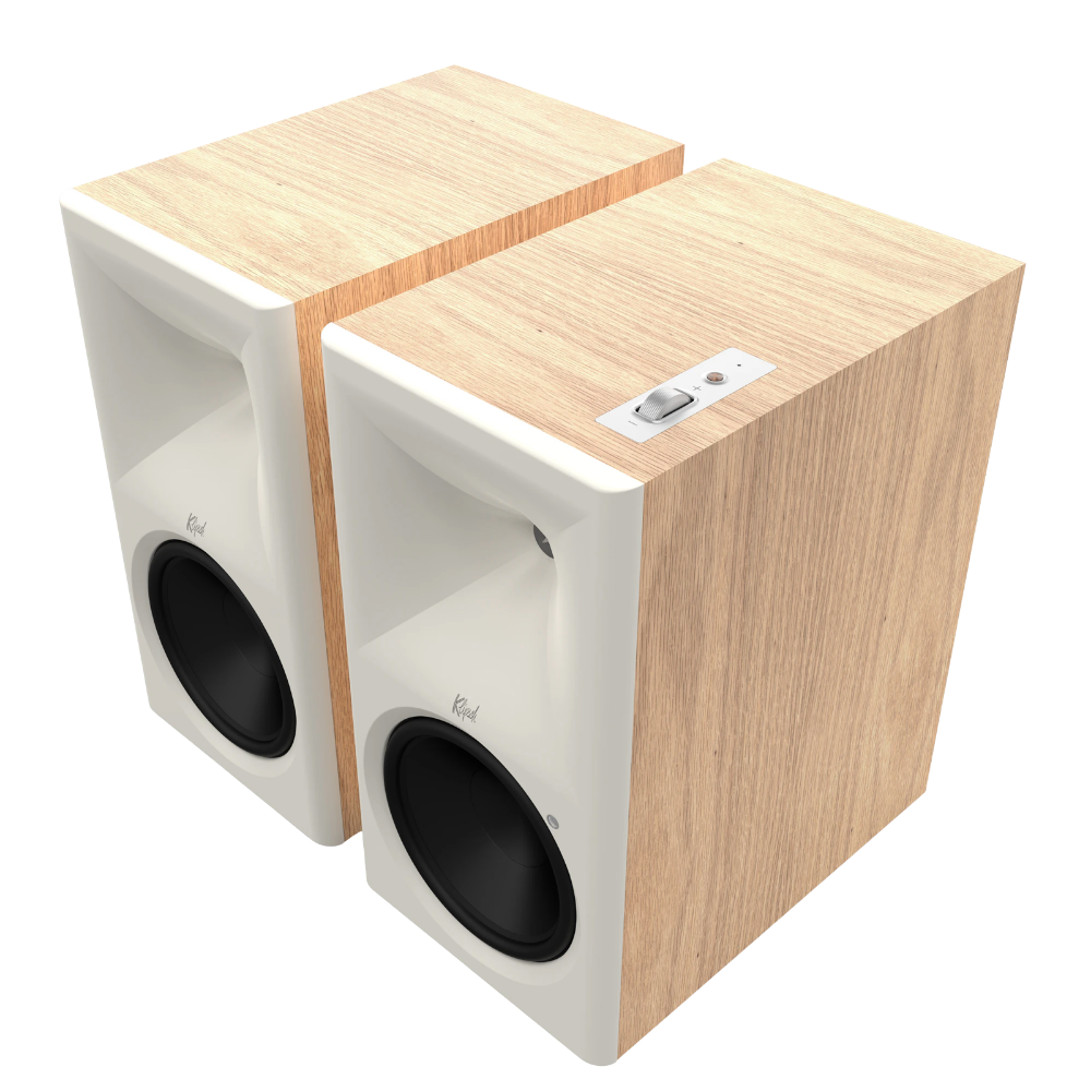 Klipsch The Nines II Powered Speakers in Red Oak, angled without grilles