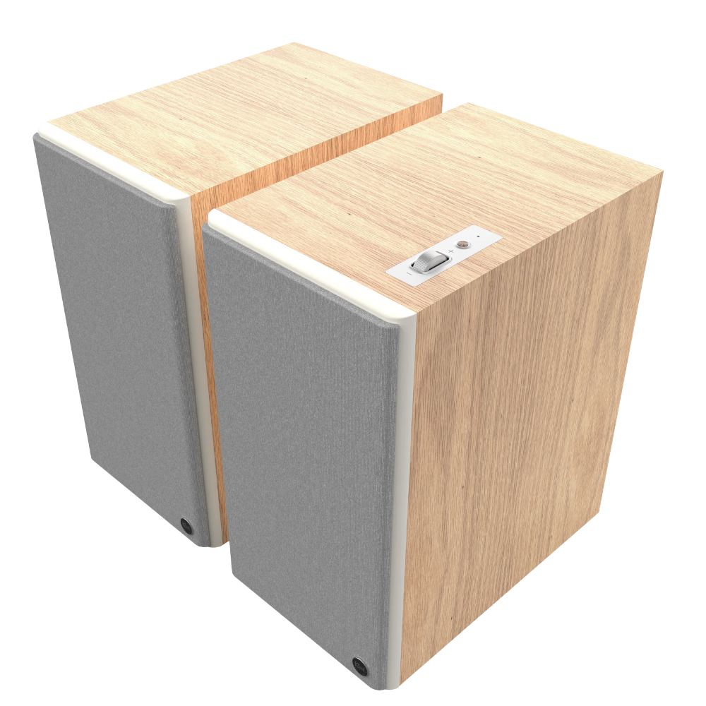 Klipsch The Nines II Powered Speakers in Red Oak, angled with grilles