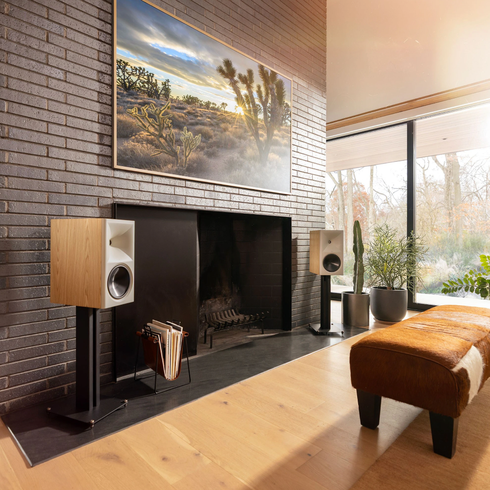 Klipsch The Nines II Powered Speakers in Red Oak, in room set up