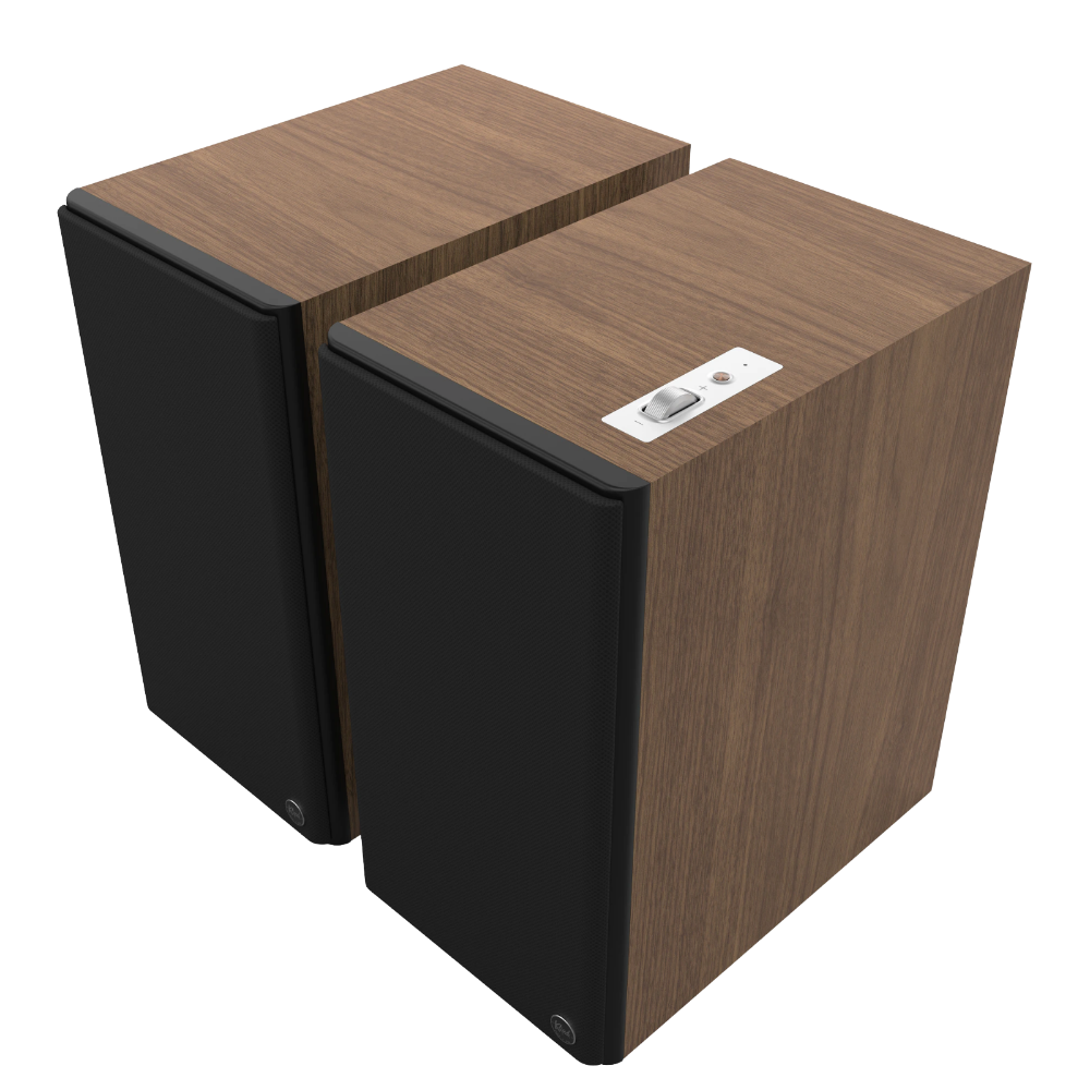 Klipsch The Nines II Powered Speakers in Walnut, angled with grilles