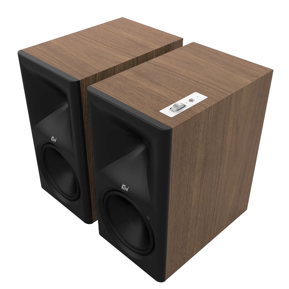 Klipsch The Nines II Powered Speakers in Walnut, angled without grilles