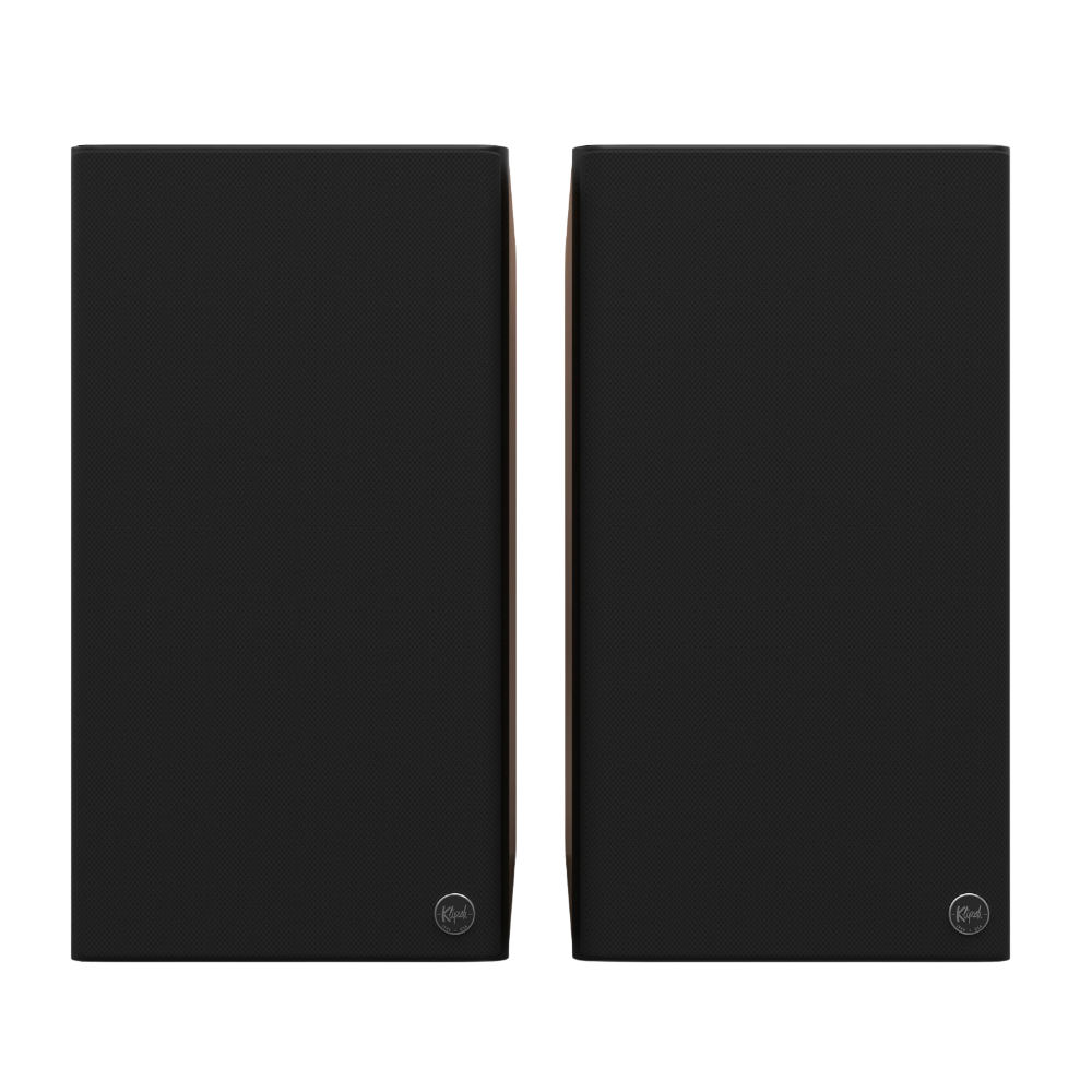 Klipsch The Nines II Powered Speakers in Walnut, front with grilles