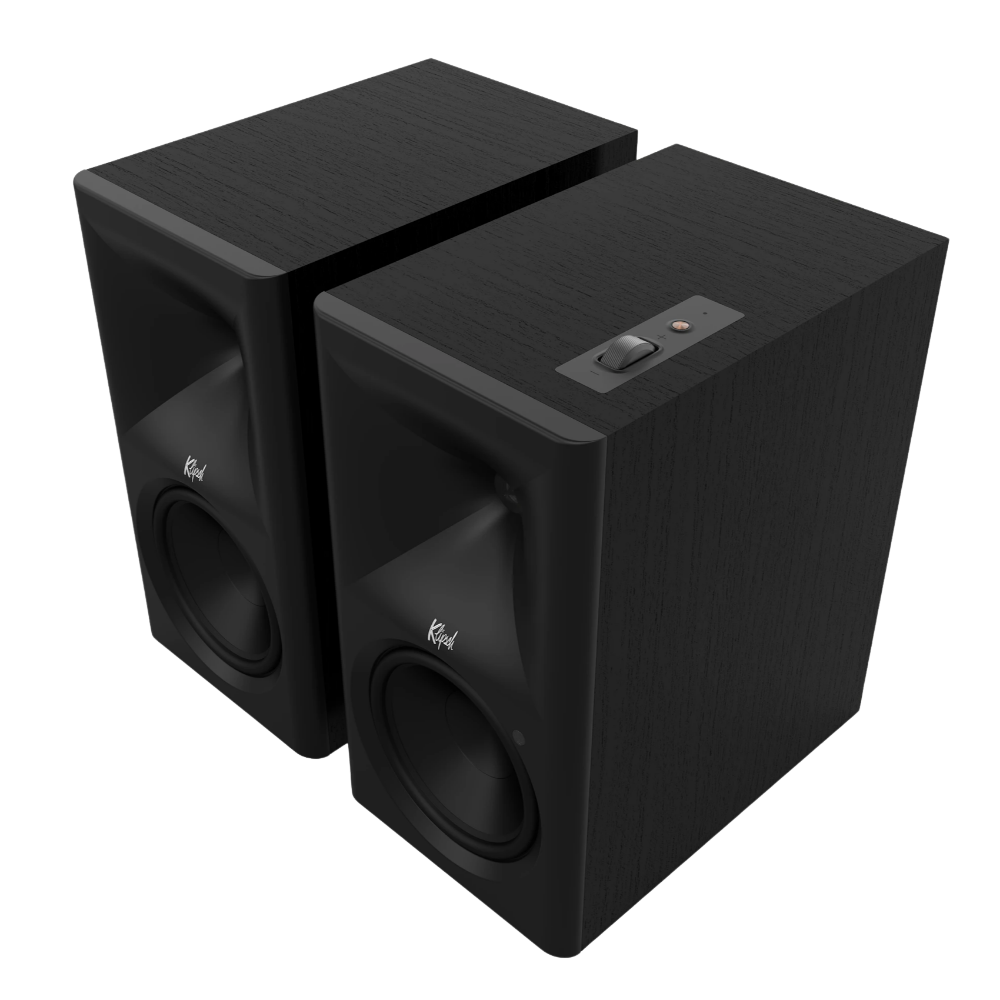 Klipsch The Sevens II Powered Speaker Pair in Ebony, angled without grille