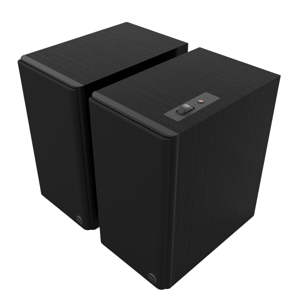 Klipsch The Sevens II Powered Speaker Pair in Ebony, angled with grille