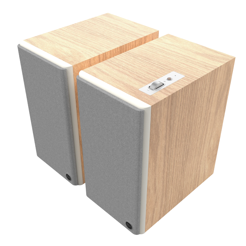 Klipsch The Sevens II Powered Speaker Pair in Red Oak, angled with grille