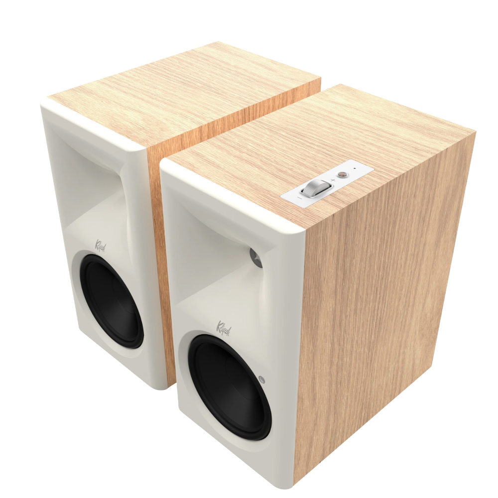 Klipsch The Sevens II Powered Speaker Pair in Red Oak, angled without grille