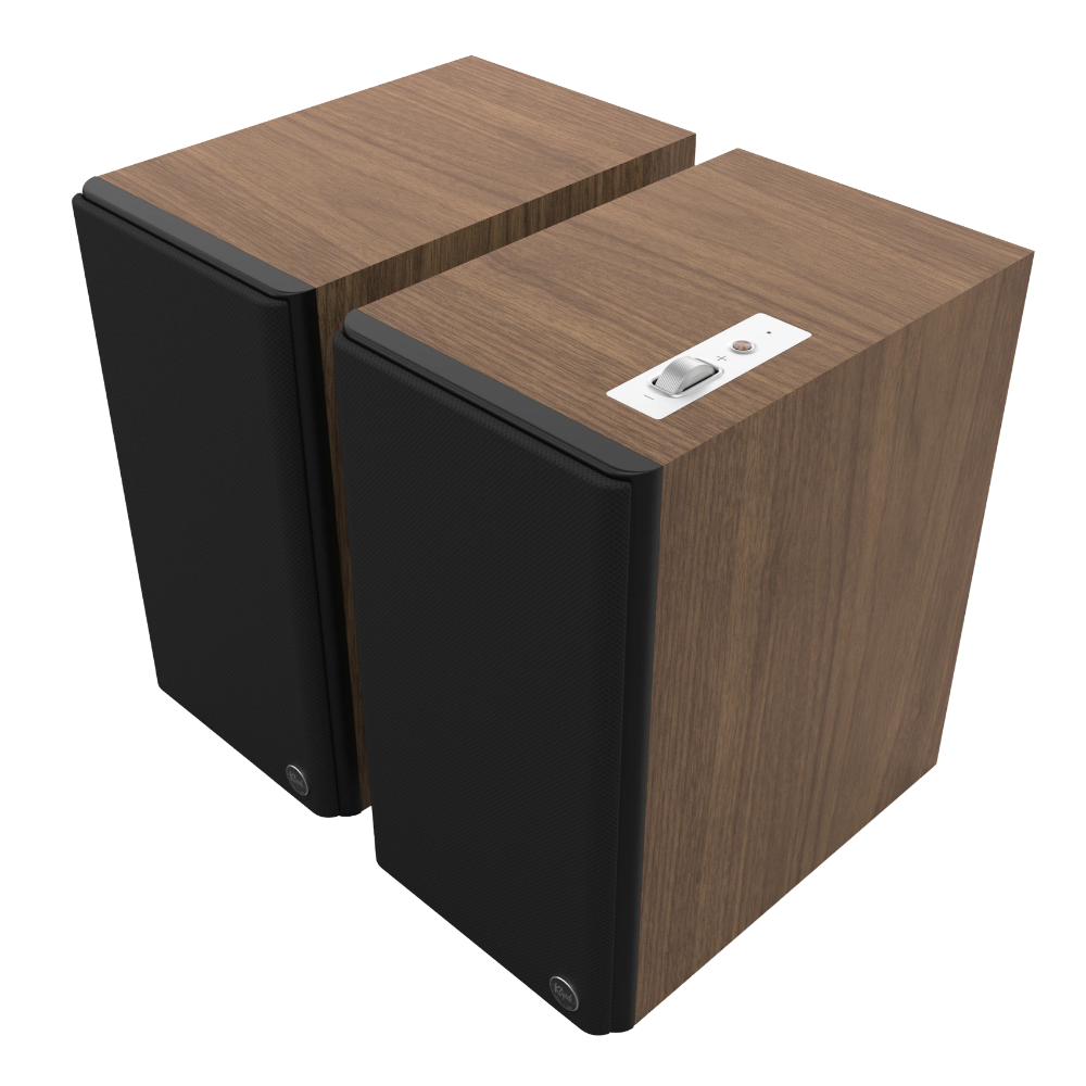 Klipsch The Sevens II Powered Speaker Pair in Walnut, angled with grille