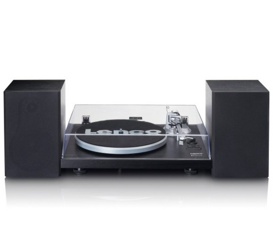 Lenco LS-500 Turntable Music System with Two External Speakers.  Image of system with dust cover closed