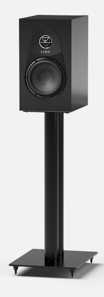 Linn 119 Bookshelf Speakers in Satin Black shown on black stand