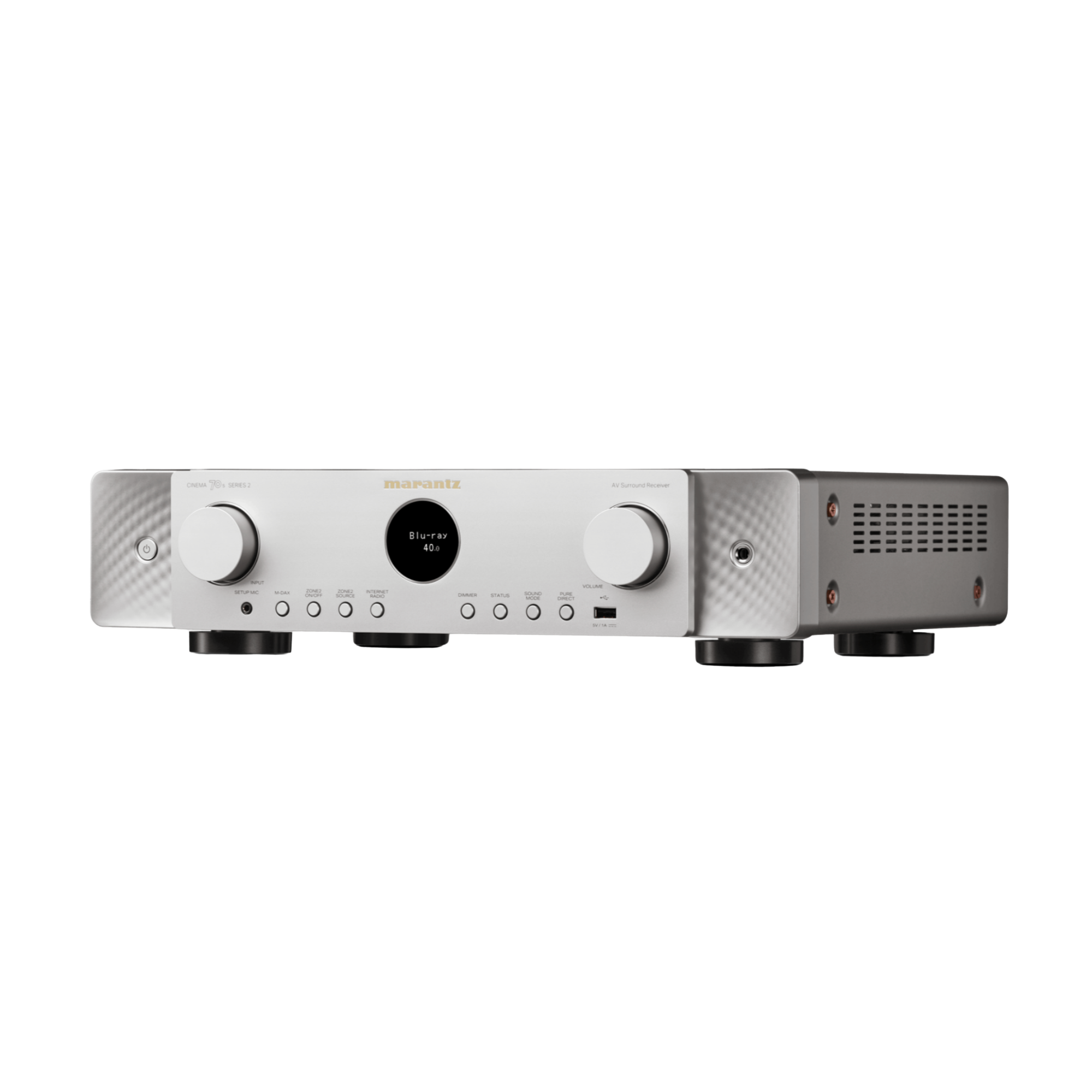 Marantz Cinema 70 Series 2 AV Receiver, silver/gold angled to the left