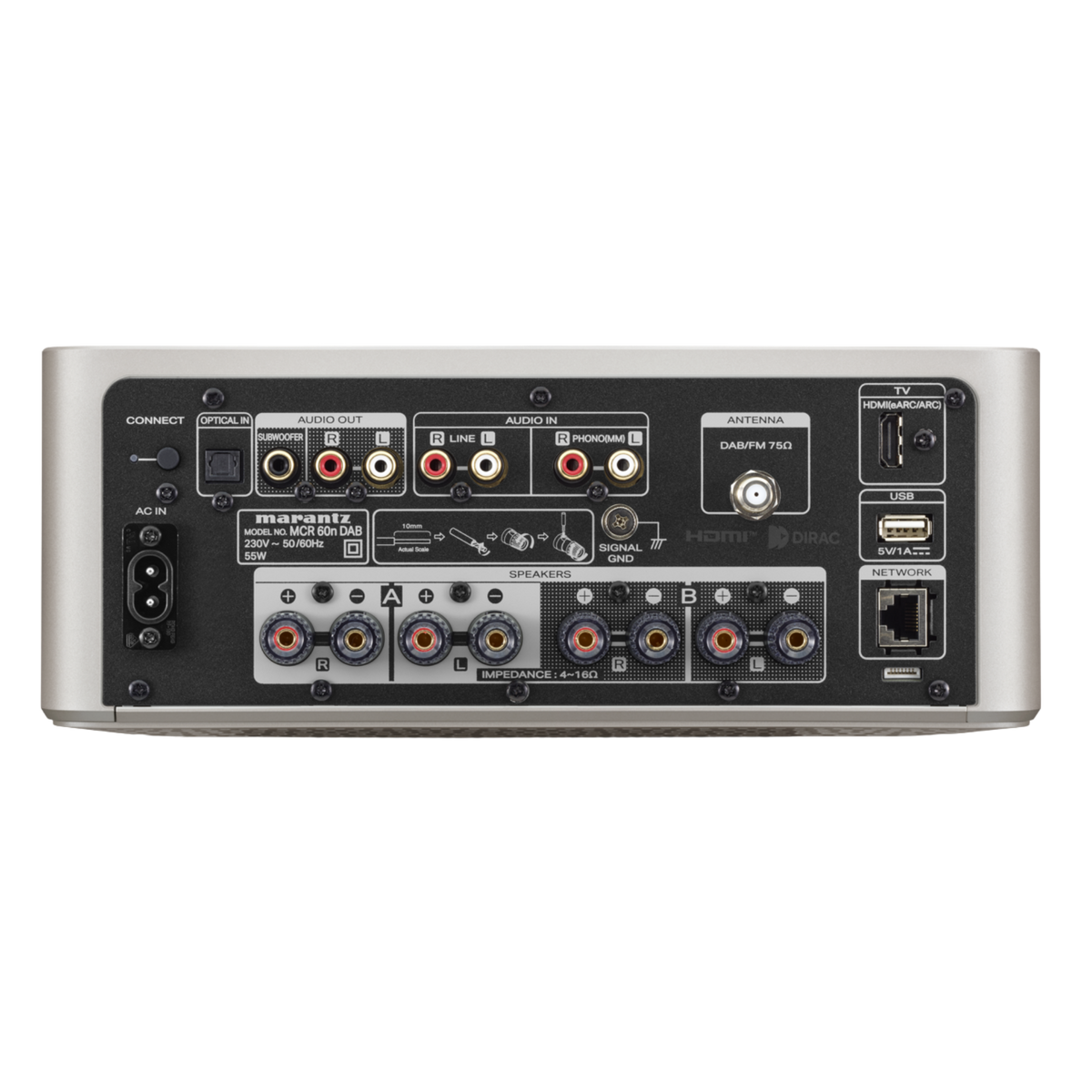 Marantz MCR 60n DAB in Champagne Gold, back of unit