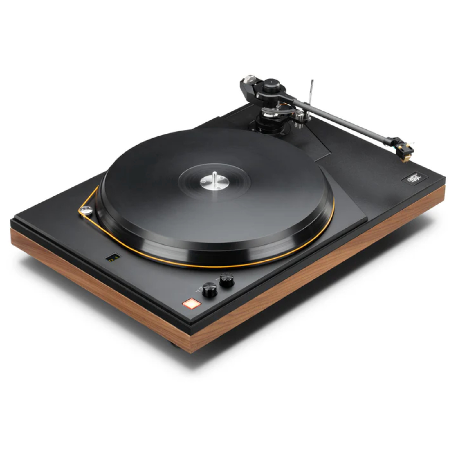 Mobile Fidelity (MoFi Electronics) MasterDeck Turntable, no pre-fitted cartridge .  Angled image, with platter visible