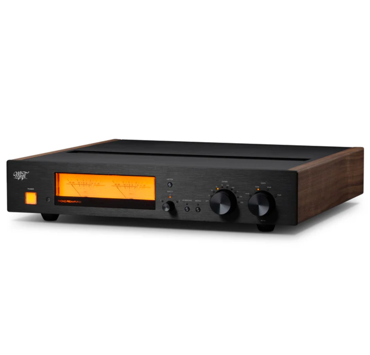 Mobile Fidelity (MoFi Electronics) MasterPhono Phono Stage in Walnut Front and top angled image