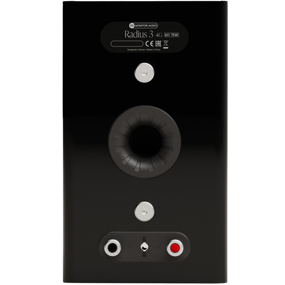Monitor Audio Radius 3 (4G) Bookshelf Speaker in High Gloss Black, back of speaker