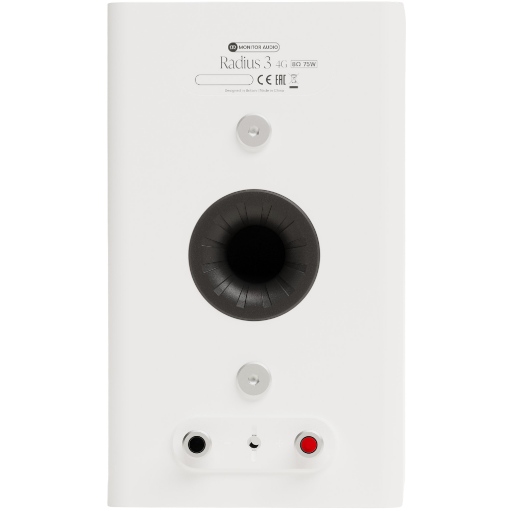 Monitor Audio Radius 3 (4G) Bookshelf Speaker in Satin White, back of speaker